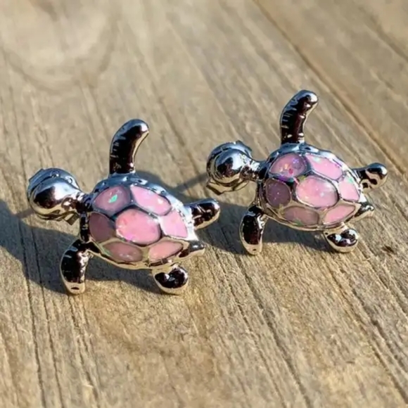 Petal Pink Fire Opal Sea Turtle Earrings - Picture 1 of 6